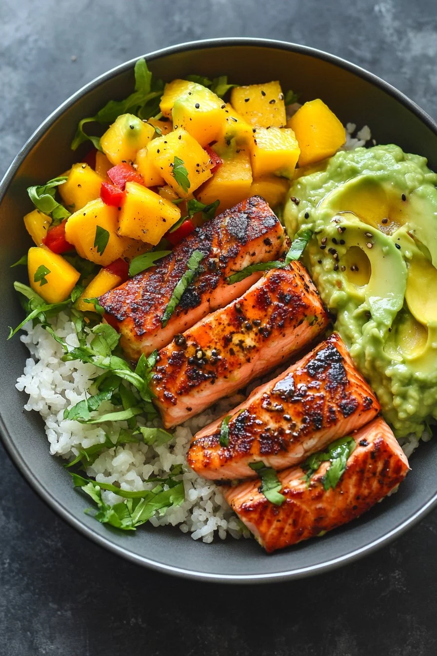 Gegrillte Lachs-Schalen mit Mango-Avocado-Sauce