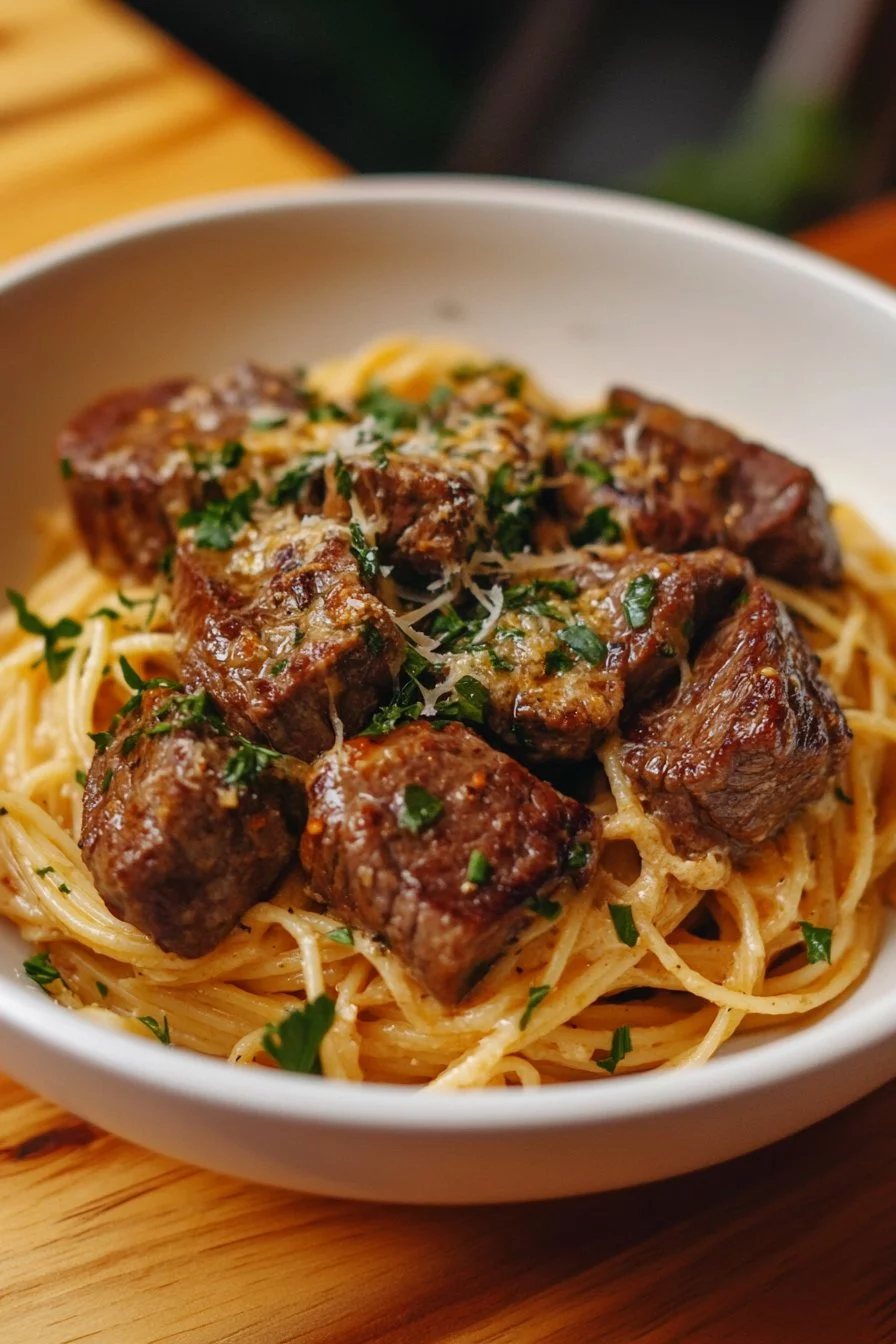 Knoblauchsteak-Häppchen mit cremiger Pasta