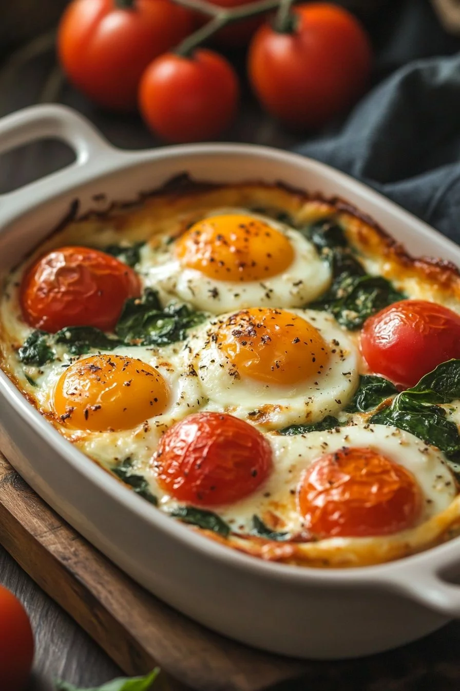 Feta-Eier mit Tomaten und Spinat gebacken