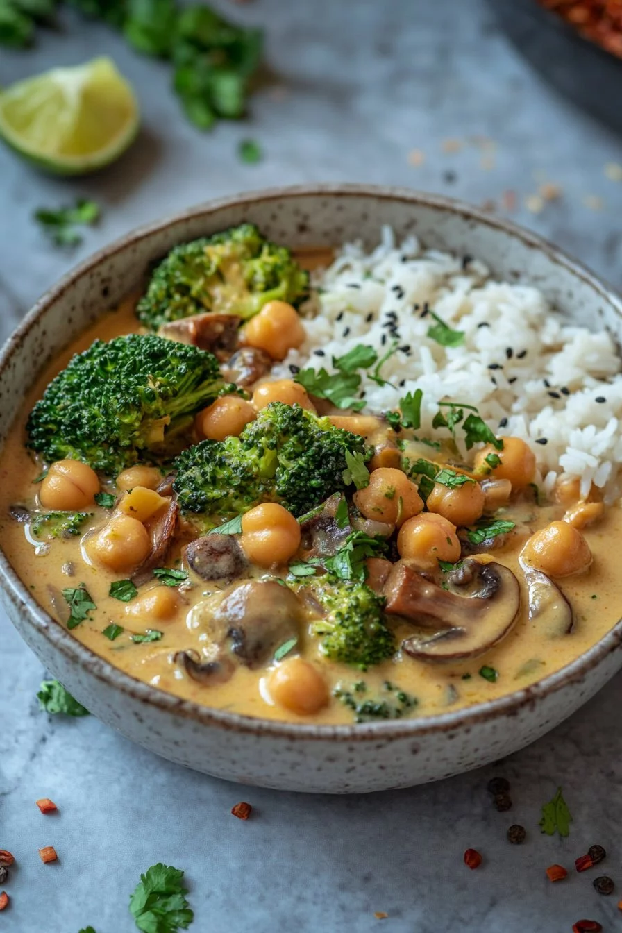 Brokkoli-Curry mit Kichererbsen und Champignons in Kokosmilch