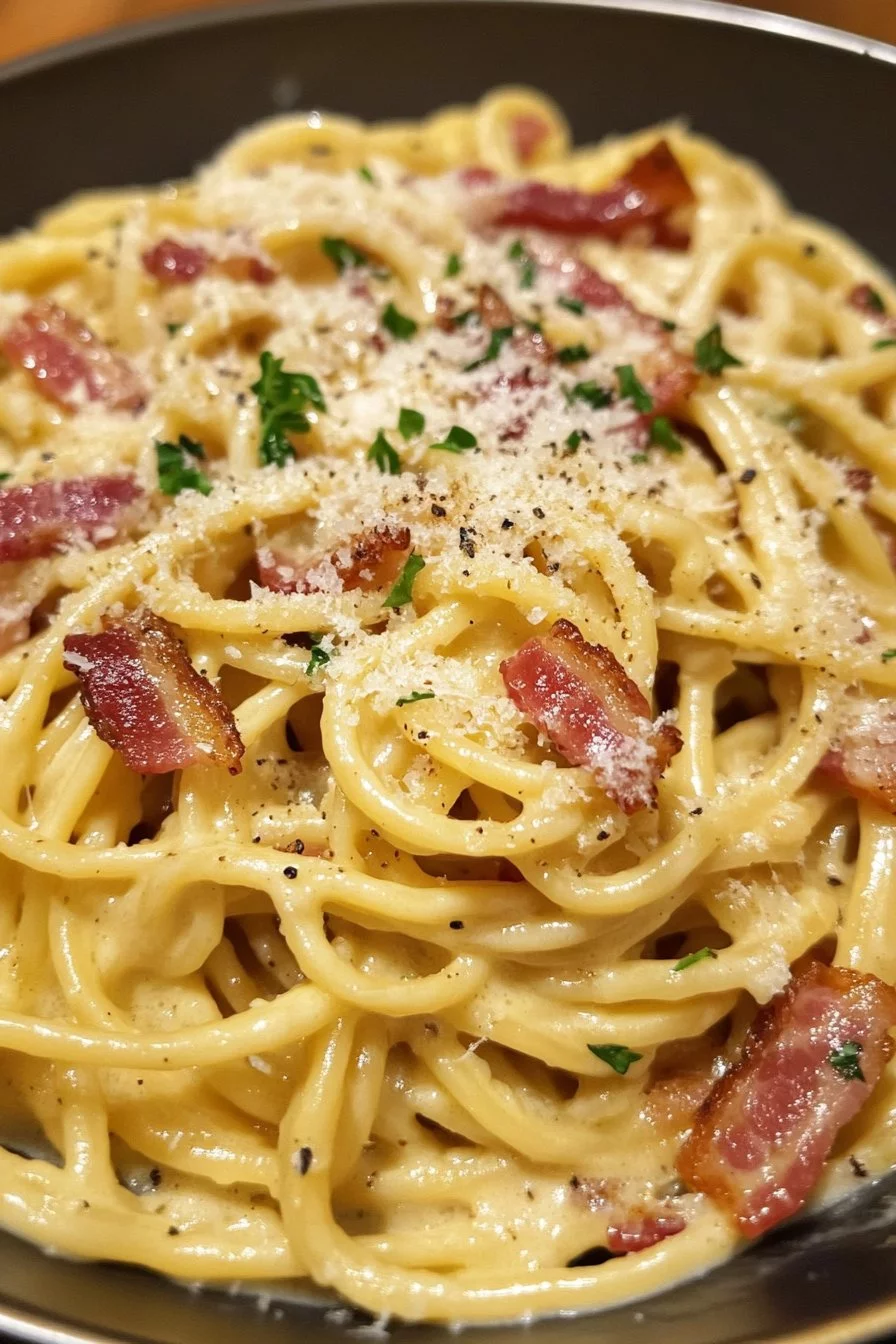 Klassische italienische Carbonara mit Speck
