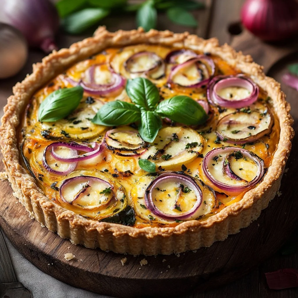 Leckere Blumenkohl-Zwiebel-Quiche auf einem Holzbrett serviert
