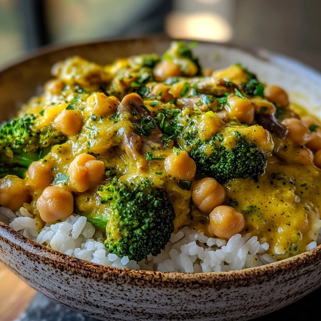 Brokkoli-Curry mit Kichererbsen und Champignons in Kokosmilch auf einem Teller serviert