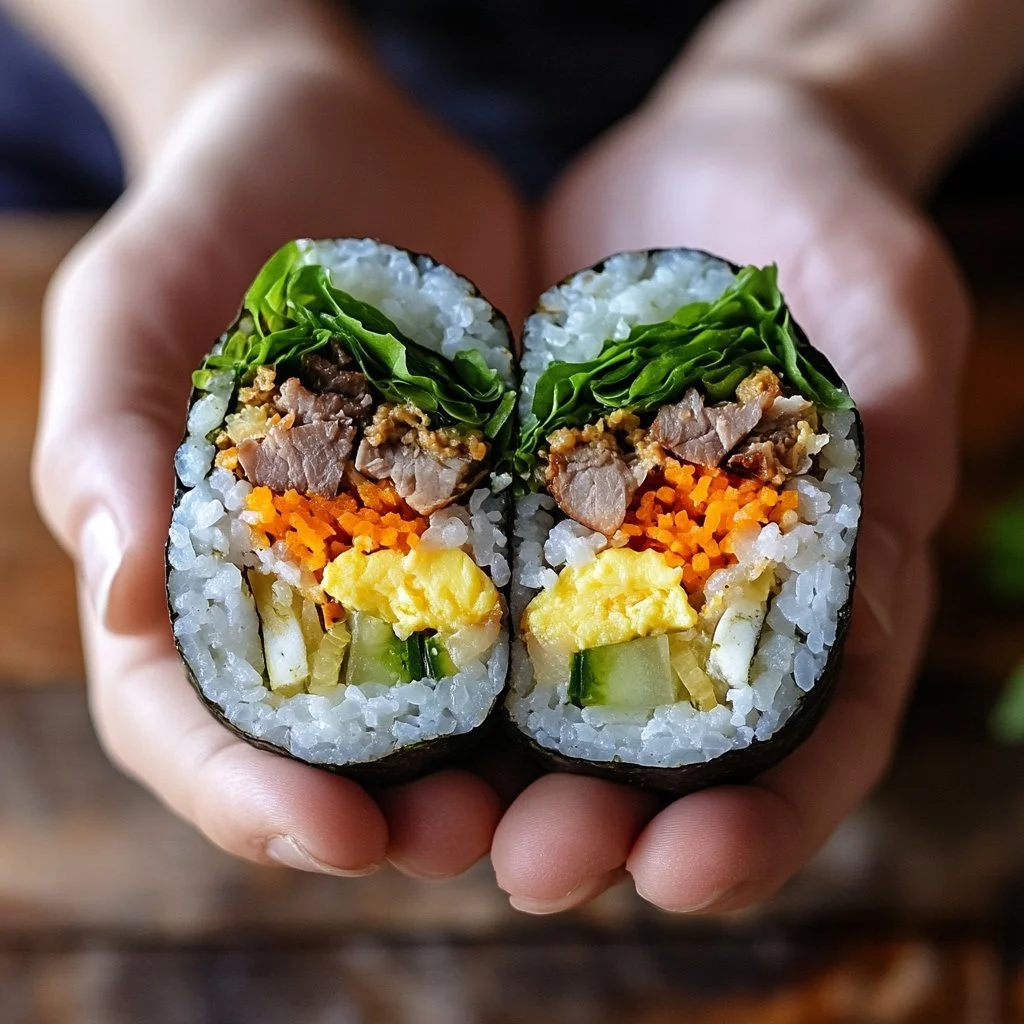 Bulgogi-Kimbap mit mariniertem Rindfleisch und frischem Gemüse