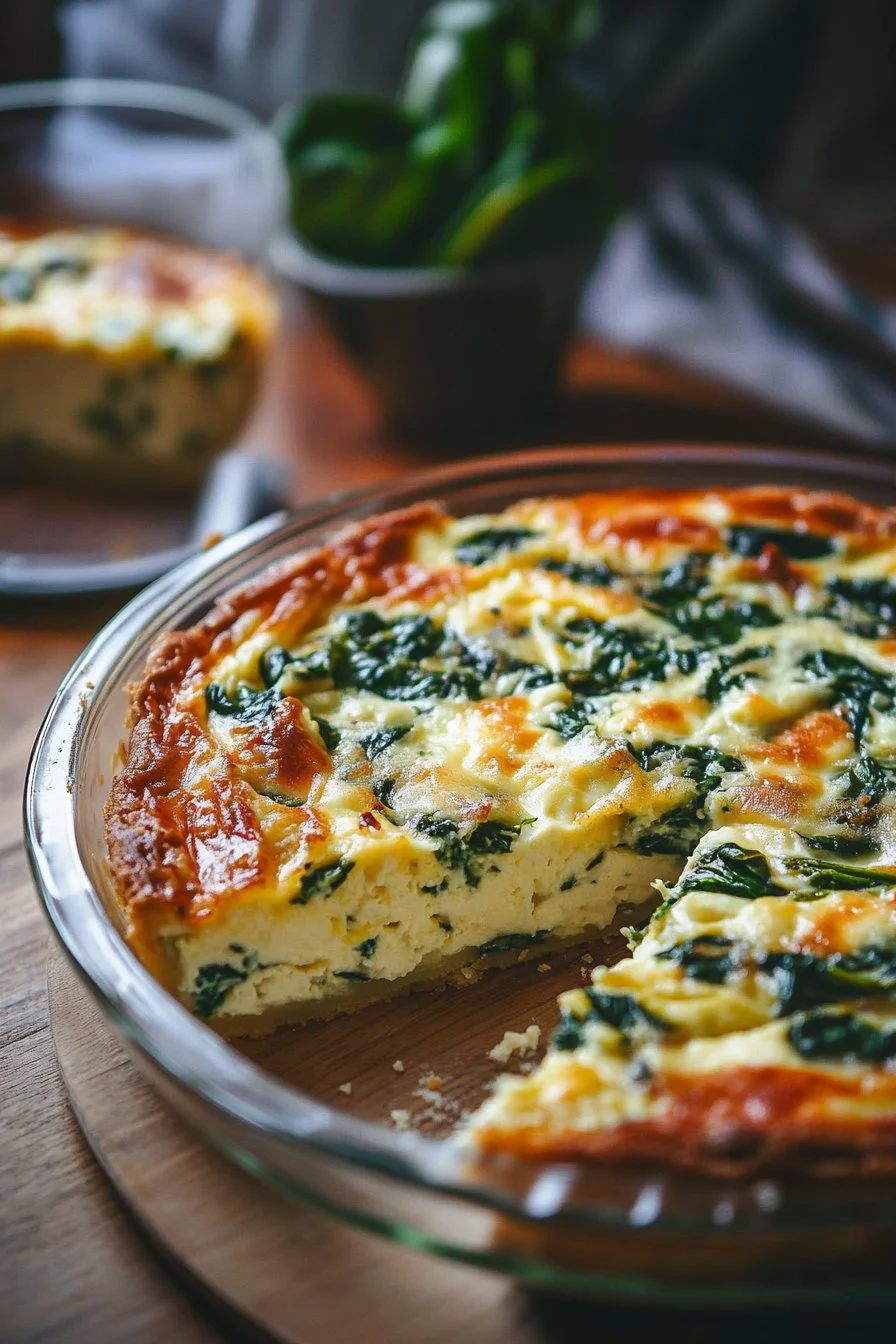 Käsequiche ohne Teig mit Hüttenkäse und Spinat
