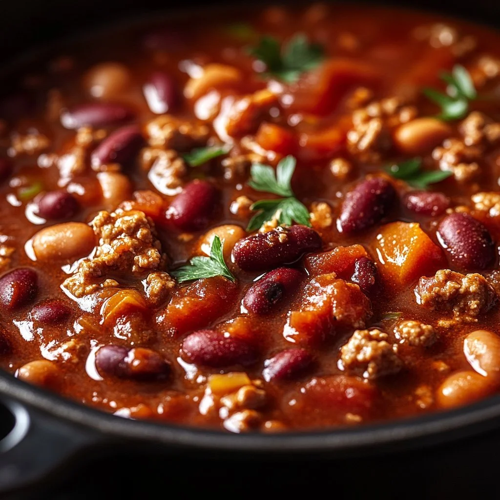 Schüssel mit leckerem Chili con carne, garniert mit frischen Kräutern.