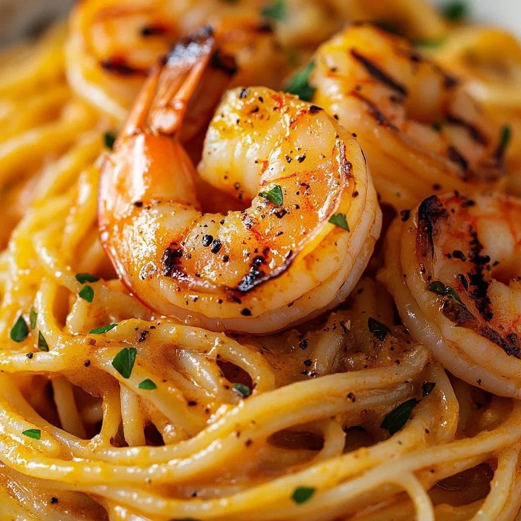 Cremige Linguine mit Garnelen serviert auf einem Teller mit frischen Kräutern.