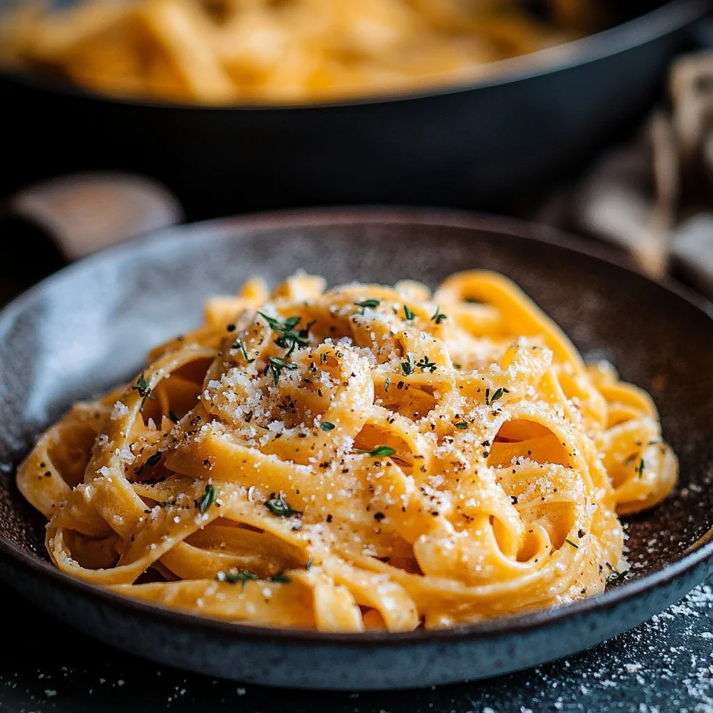 Cremige Pasta mit Knoblauch auf einem Teller serviert