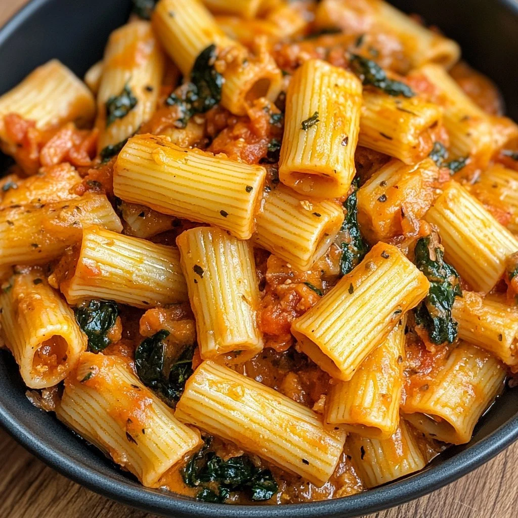 Cremiger Rigatoni mit Würstchen und Spinat auf einem Teller serviert.