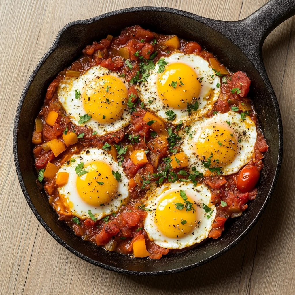 Einfache Shakshuka mit Eiern in würziger Tomatensauce auf einem Teller