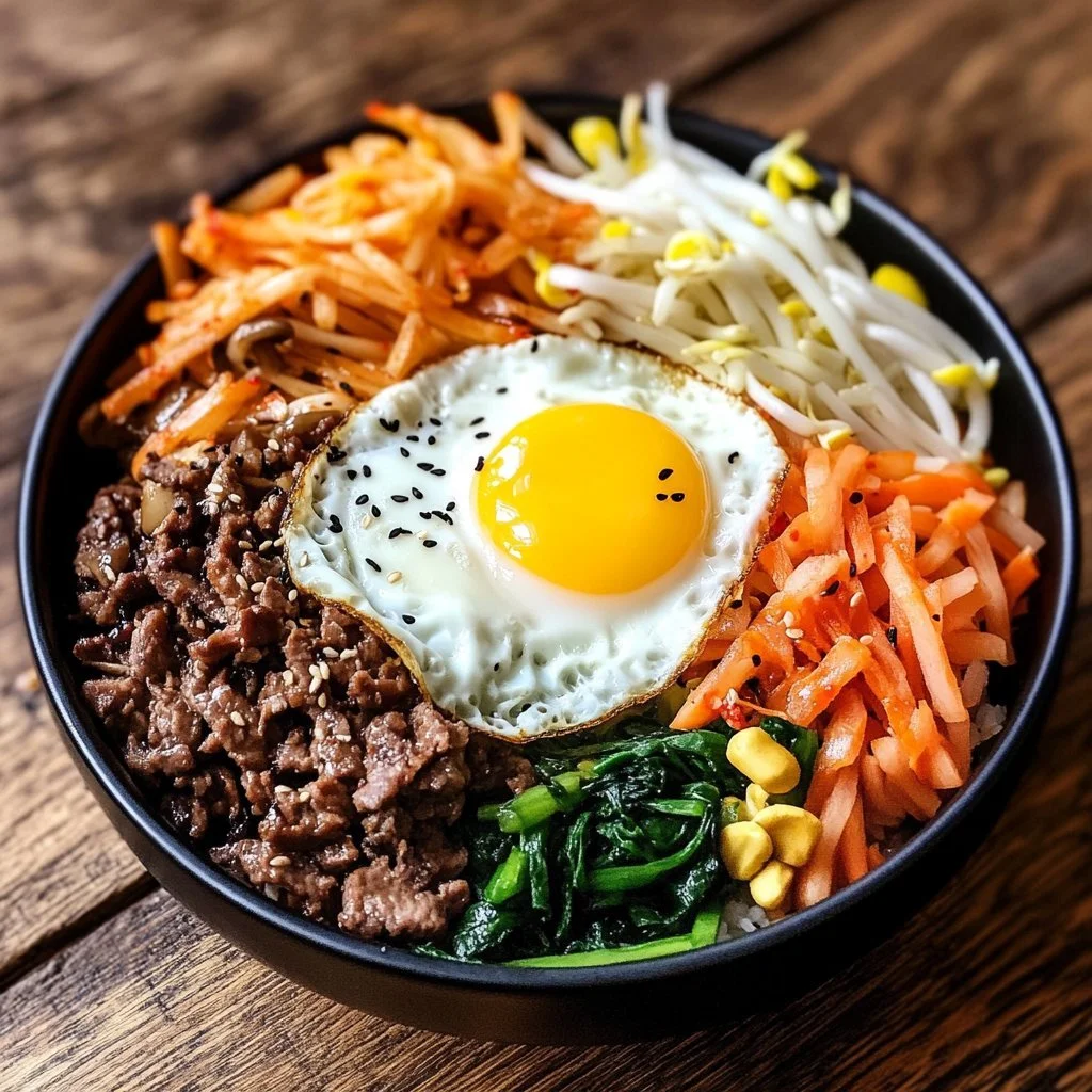 Schüssel mit einfach zubereitetem Bibimbap, buntem Gemüse und Reis