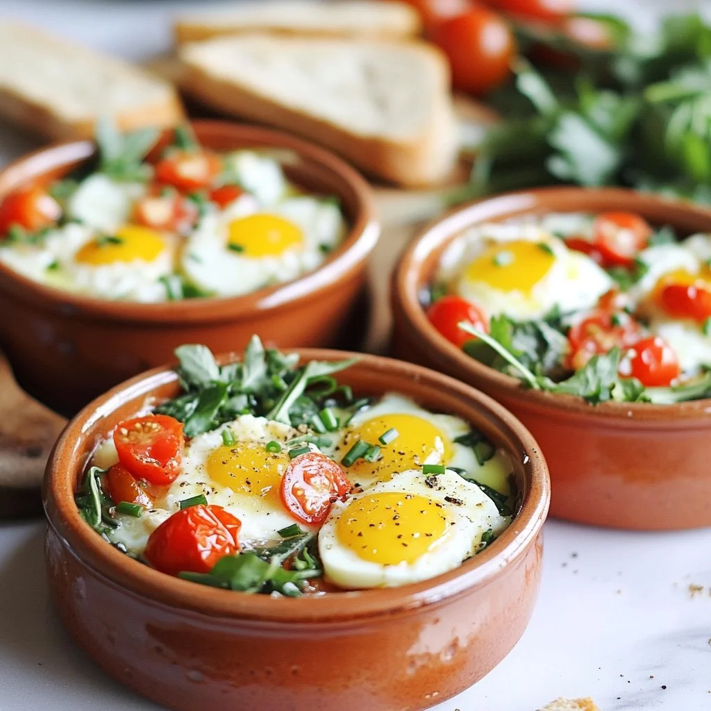 Feta-Eier mit Tomaten und Spinat im Ofen gebacken.