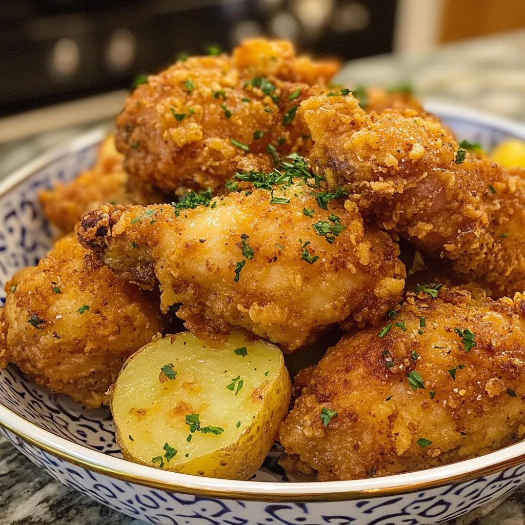 Frittierte Hühnchen-Papas serviert auf einem Teller