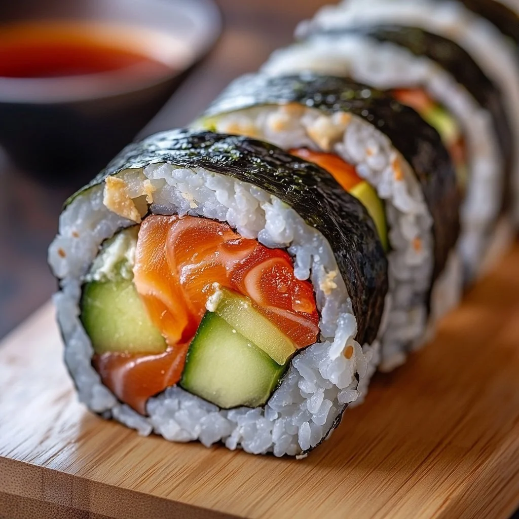 Frittierte Sushi-Burger auf einem Teller serviert, garniert mit Saucen.
