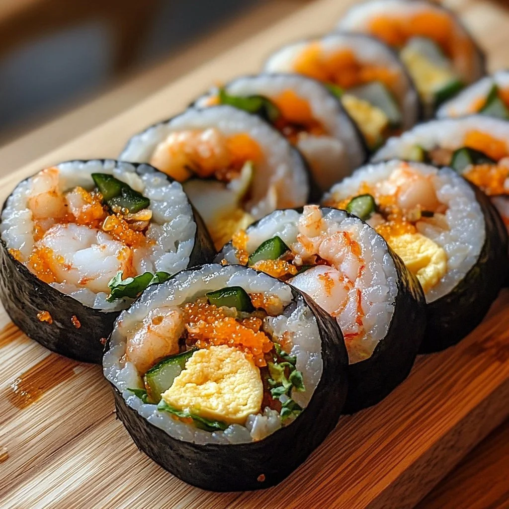 Eine frisch zubereitete Garnelen-Kimbap-Rolle auf einem Tisch
