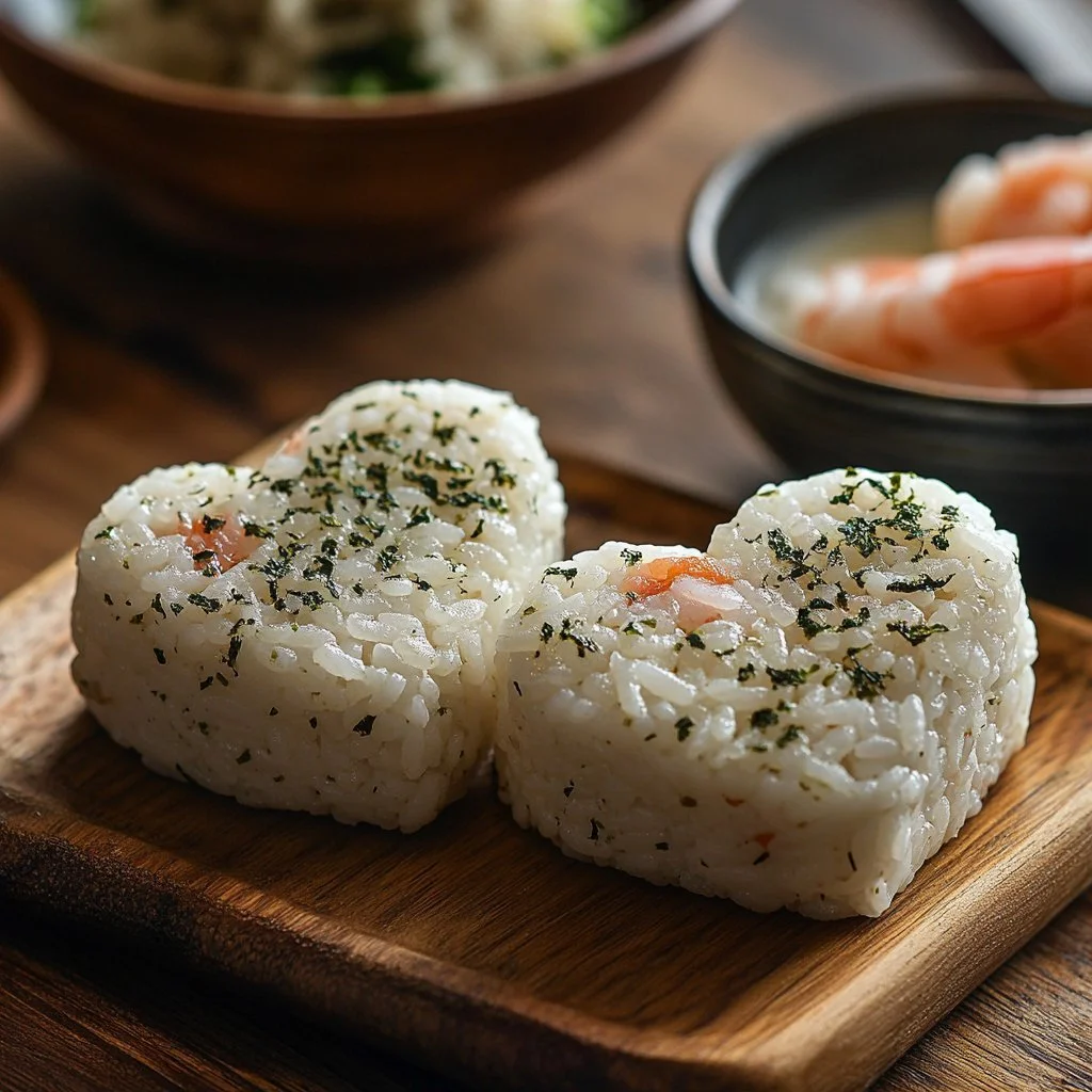 Leckeres Garnelen-Onigiri auf einem Teller serviert