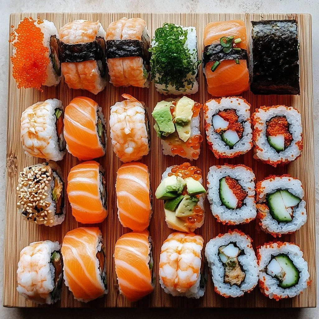 Garnelen-Sushi mit Avocado und Frischkäse auf einem Tisch serviert