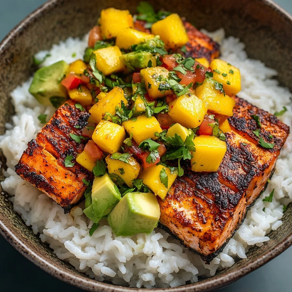Gegrillte Lachs-Schalen mit Mango-Avocado-Sauce auf einem Grillteller