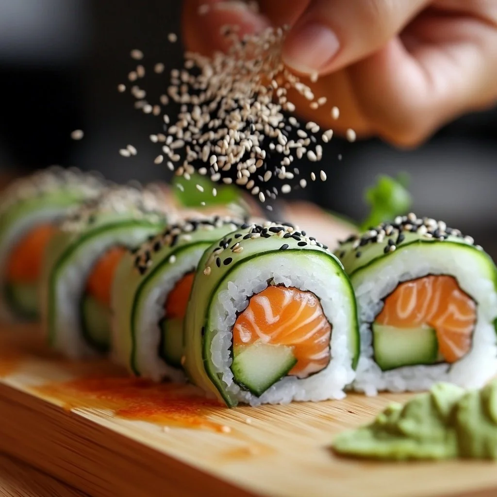 Gurken Avocadosushi auf einem Teller serviert, gesund und frisch.