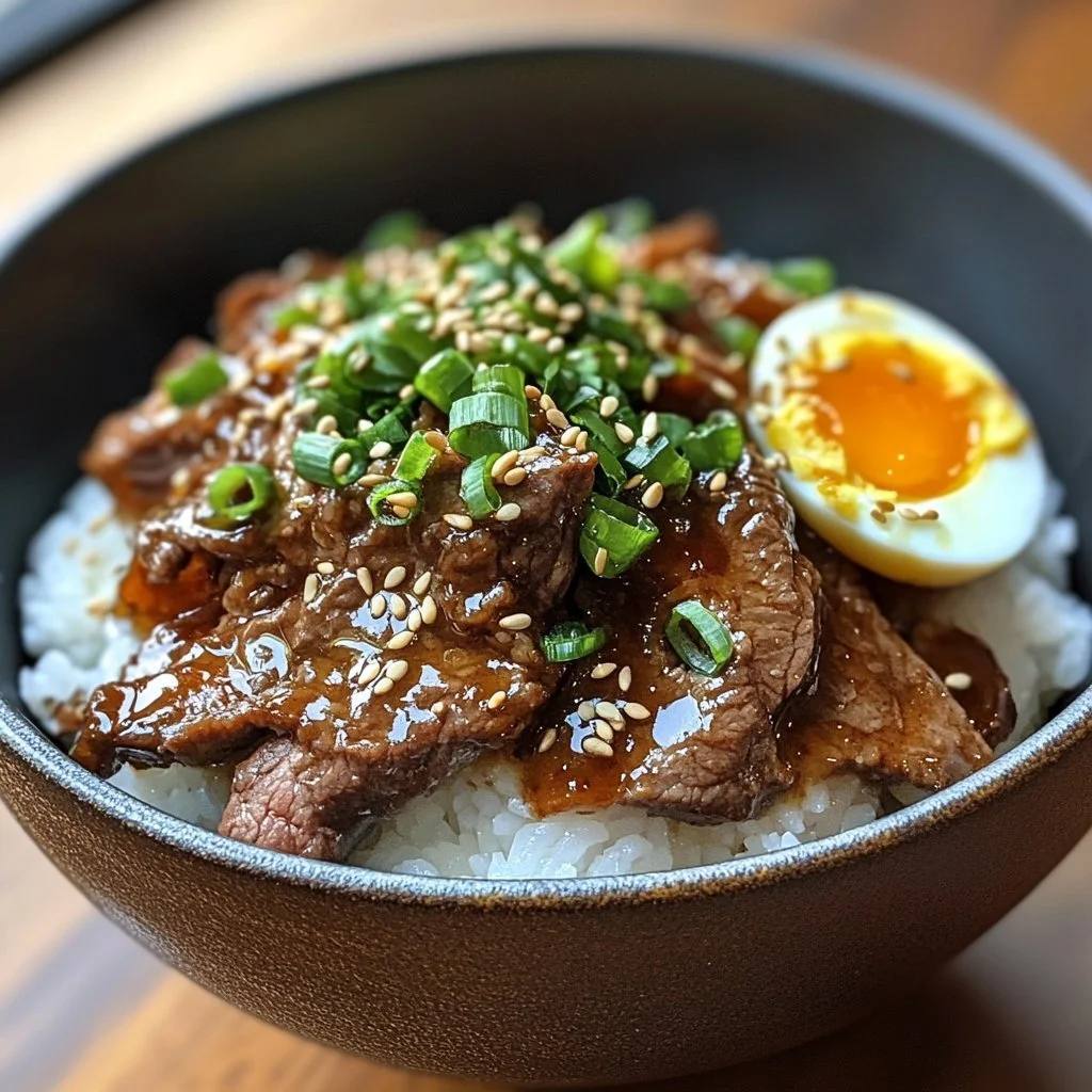 Schale mit Gyudon - Rindfleisch auf Reis, japanisches Gericht
