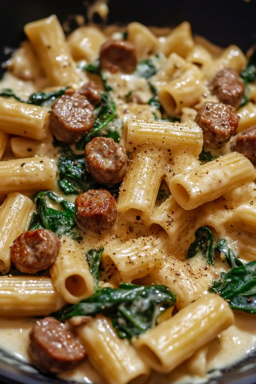 Cremiger Rigatoni mit Würstchen und Spinat