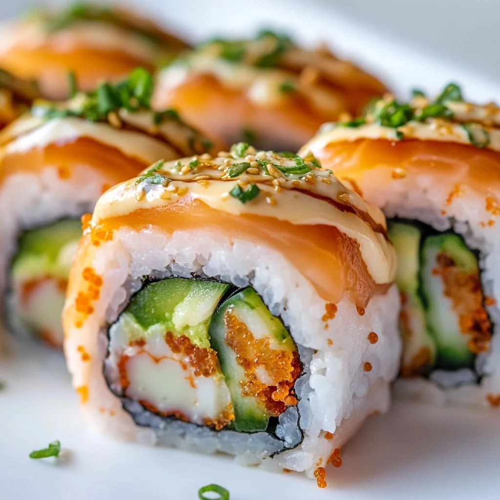 Leckere Hähnchen-Sushi-Burger mit frischem Gemüse und Sushi-Reis