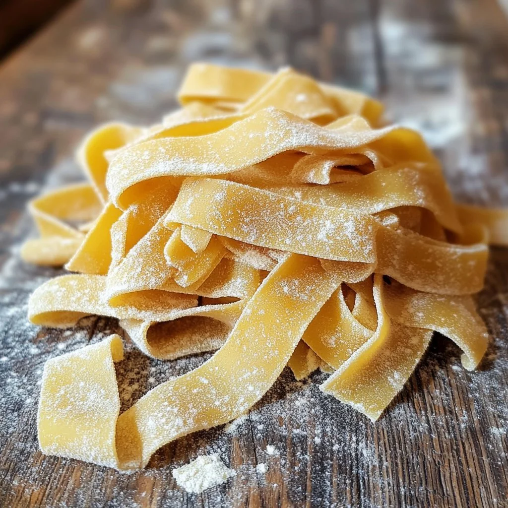 Hausgemachte frische Pasta mit besten Zutaten auf einem Holzbrett.