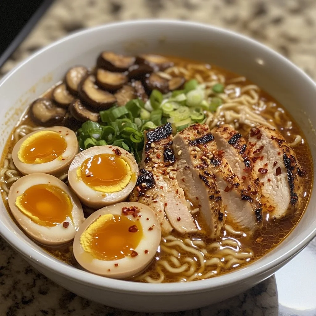 Schüssel mit hausgemachten Ramen mit frischen Zutaten und Brühe