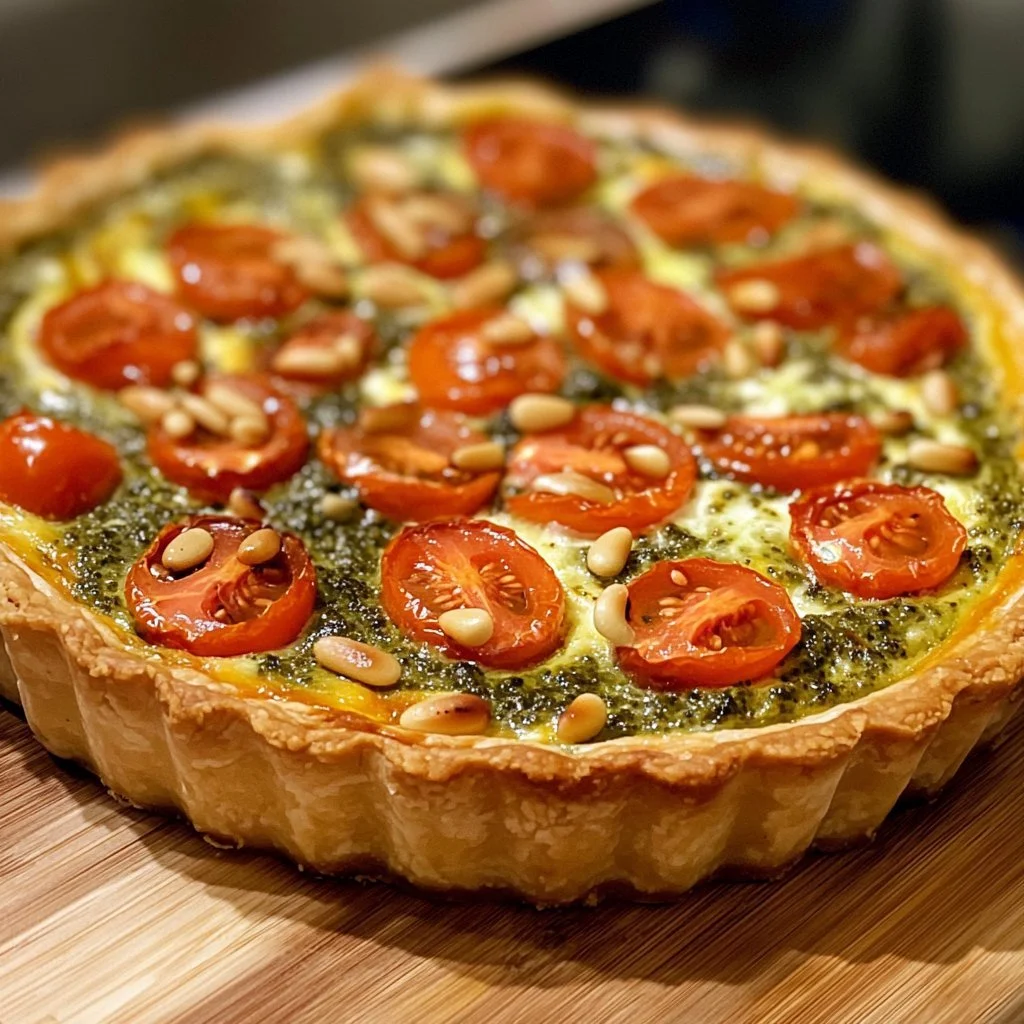 Italienische Quiche mit Pesto und Mozzarella auf einem Teller