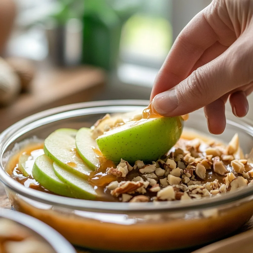 Karamellisierter Apfel-Dip mit Frischkäse in einer Schüssel, dekoriert mit Äpfeln.