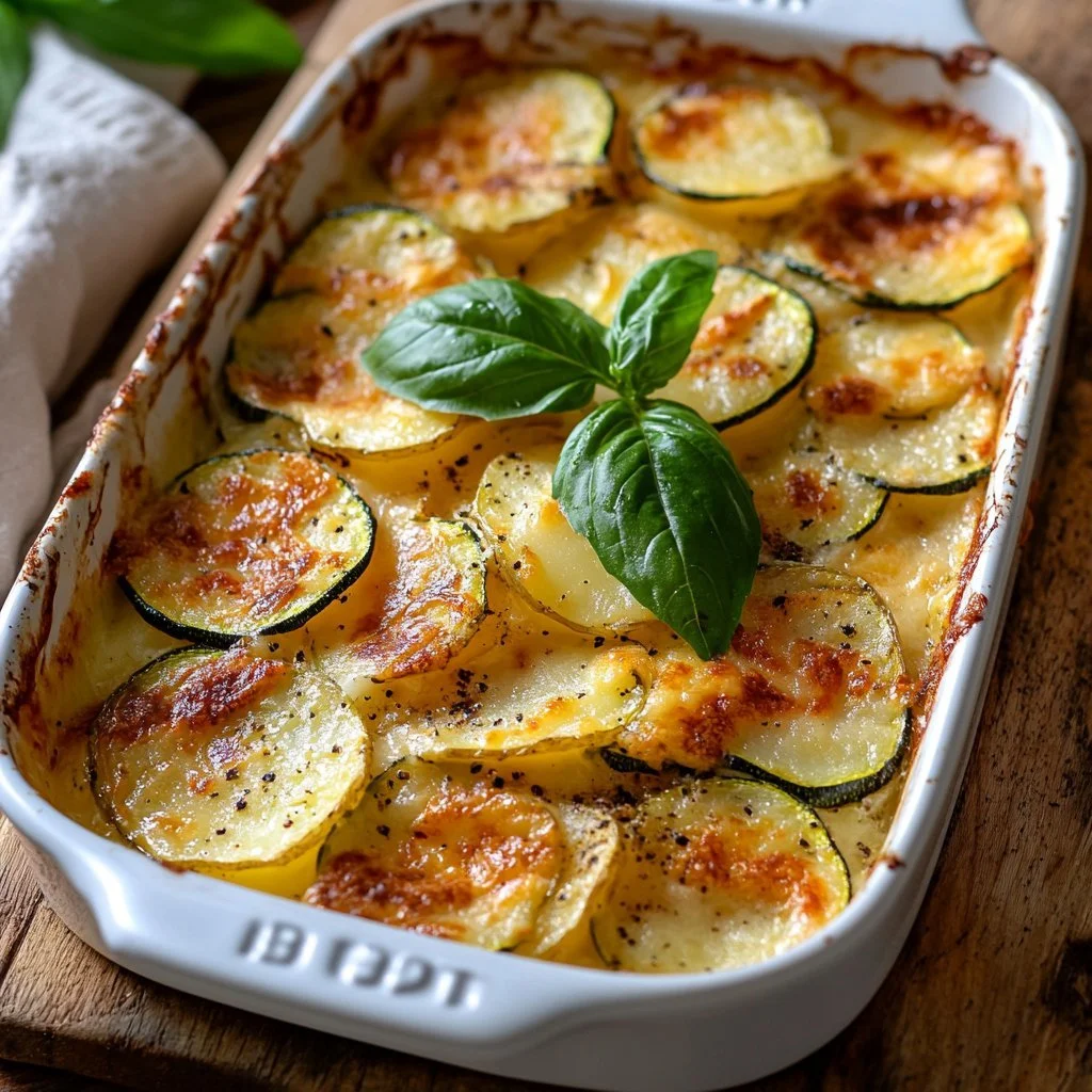 Kartoffel-Zucchini-Gratin frisch aus dem Ofen, serviert in einem weißen Auflaufform.