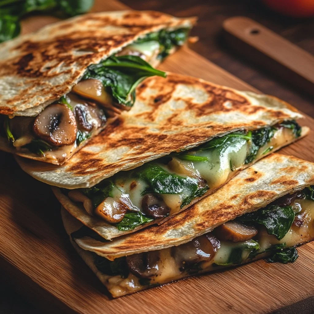 Käse-Quesadillas mit Spinat und Champignons auf einem Teller serviert