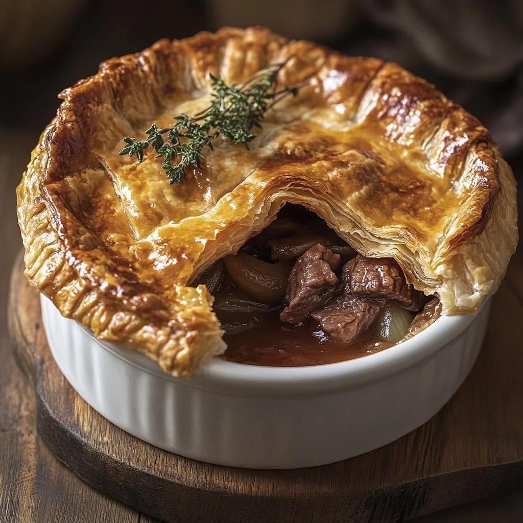 Klassische britische Steak- und Zwiebel-Tarte auf einem Teller angerichtet