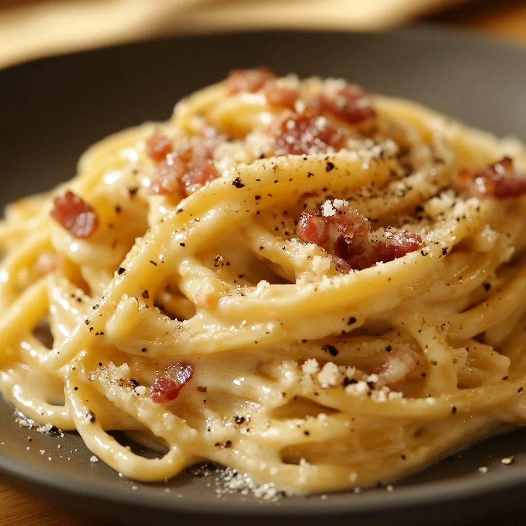 Klassische italienische Carbonara mit Speck auf einem Teller serviert.
