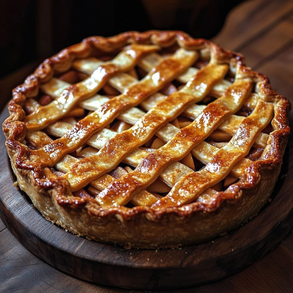 Klassischer Apfelkuchen mit Äpfeln und Zimt auf einem Tisch serviert.