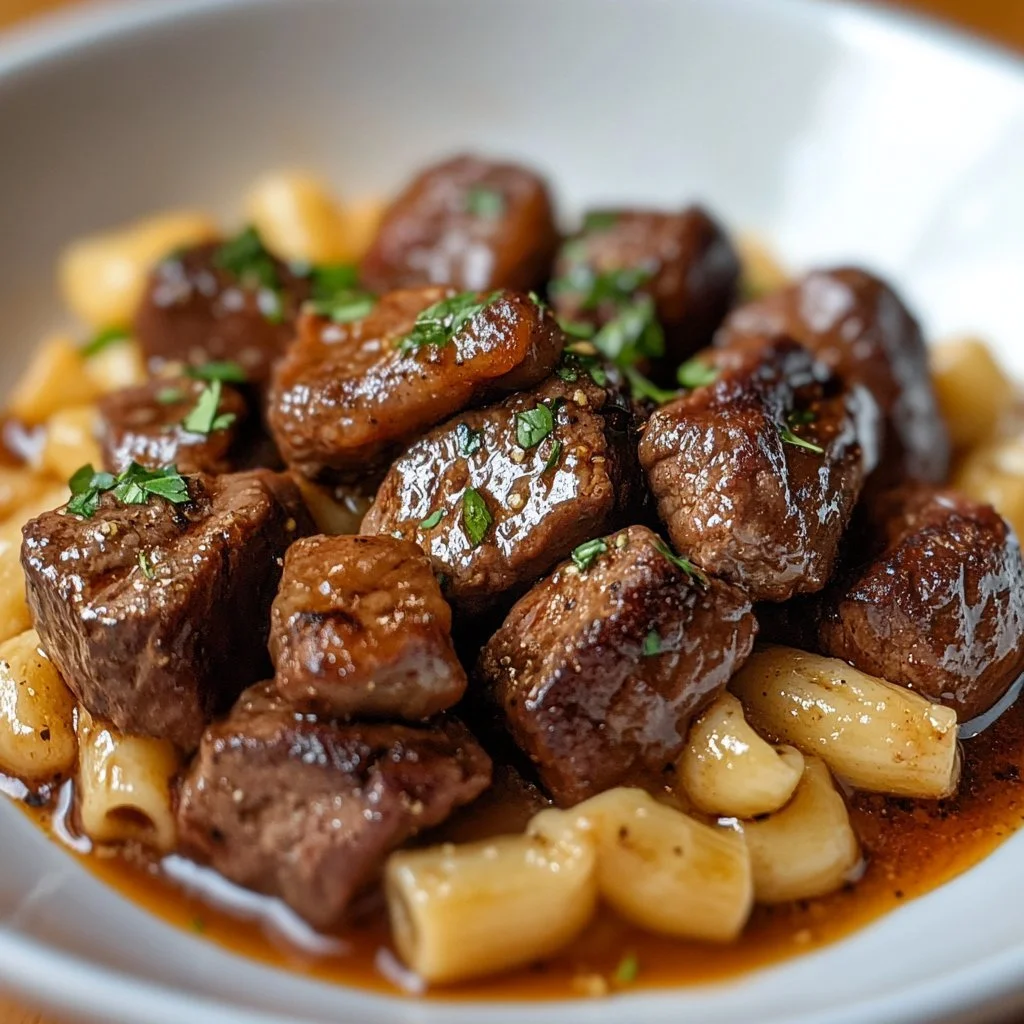 Knoblauchsteak-Häppchen mit cremiger Pasta auf einem Teller serviert