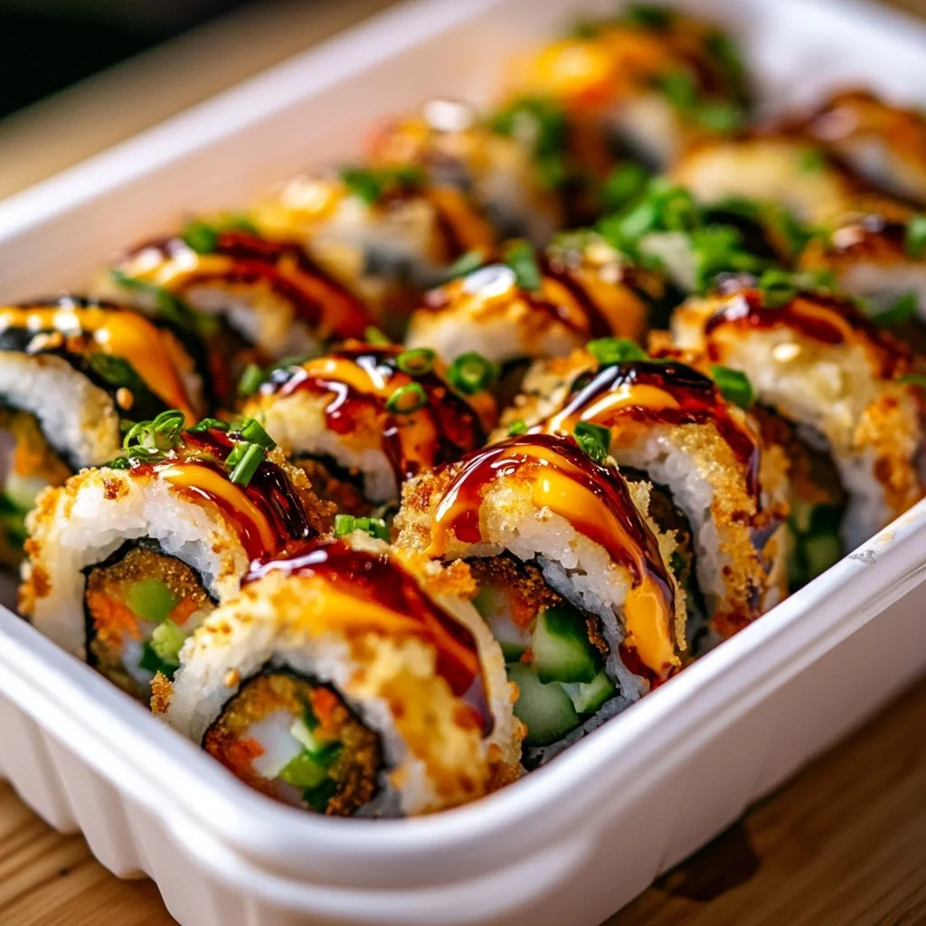 Knusprige frittierte Sushirolle auf einem Teller serviert