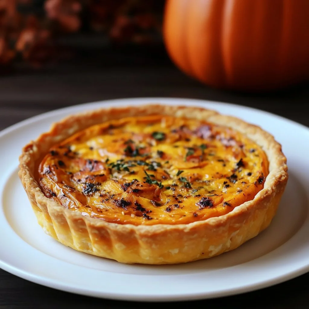 Kürbis- und Gorgonzola-Quiche mit frischen Kräutern auf einem Tisch serviert.
