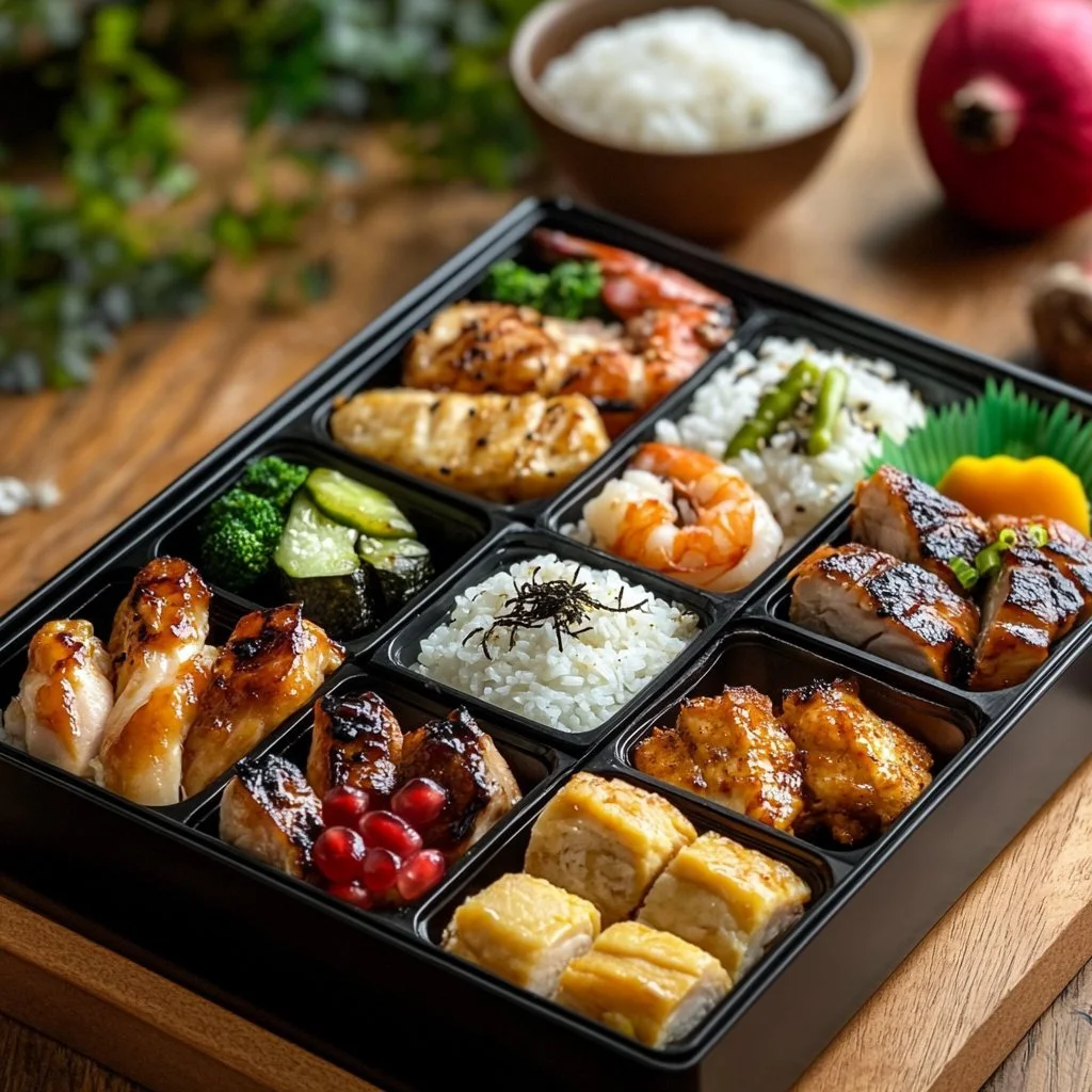 Bento-Box mit abwechslungsreichen, gesunden Mittagessen.