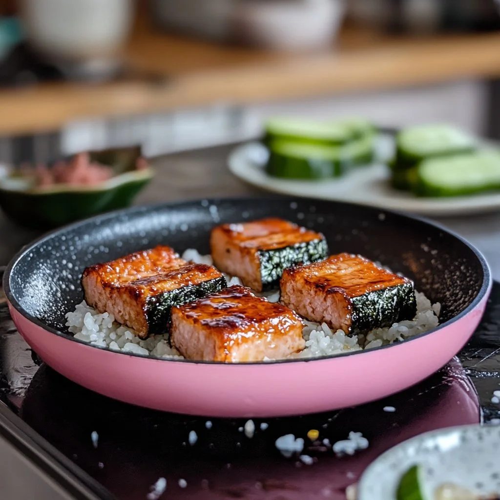 Leckeres Musubi mit Hawaiianischem Spam auf einem Teller