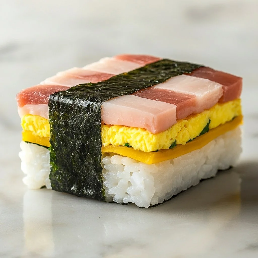 Musubi mit Spam und Ei auf einem Teller serviert
