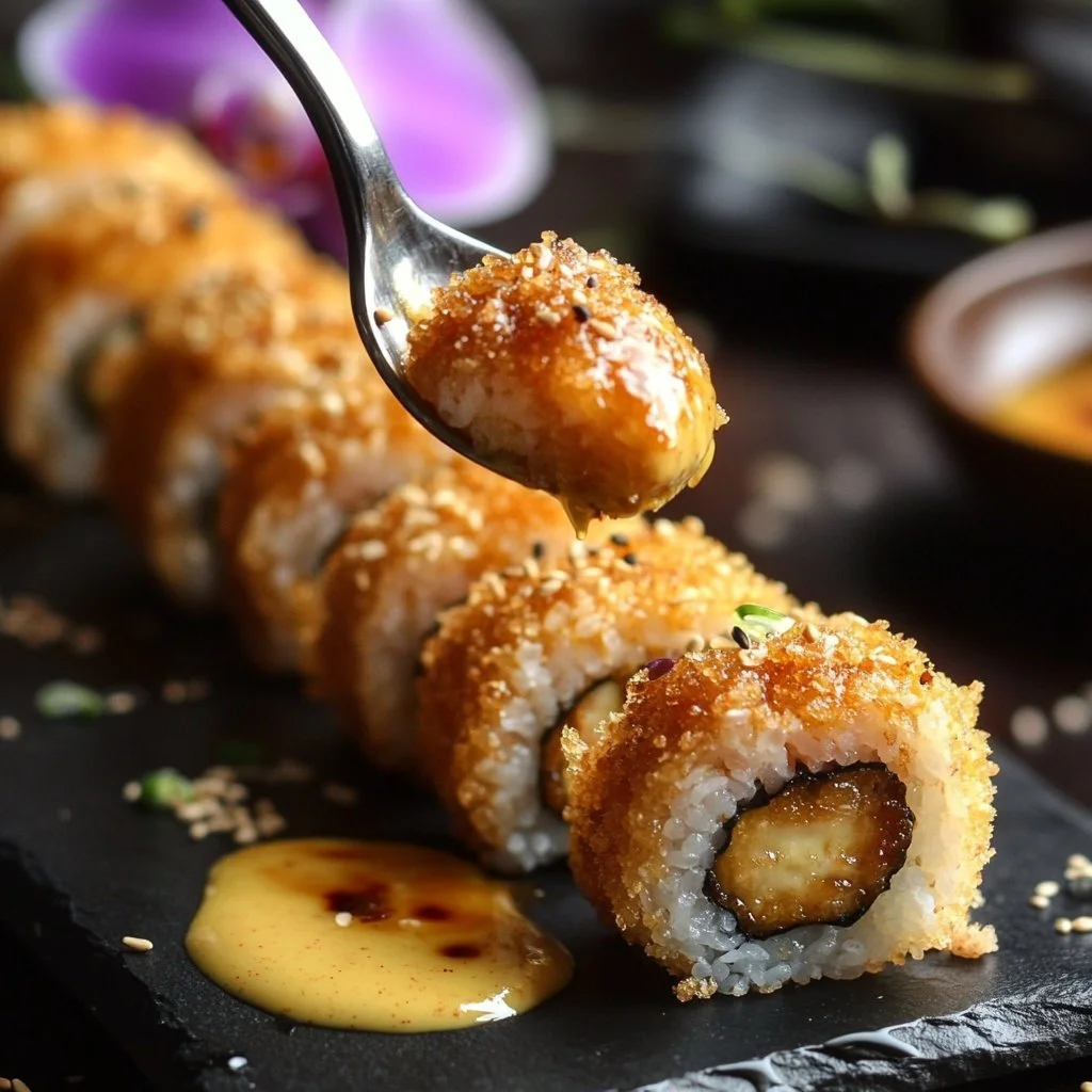 Panierte Sushi mit Garnelen auf einem Teller serviert