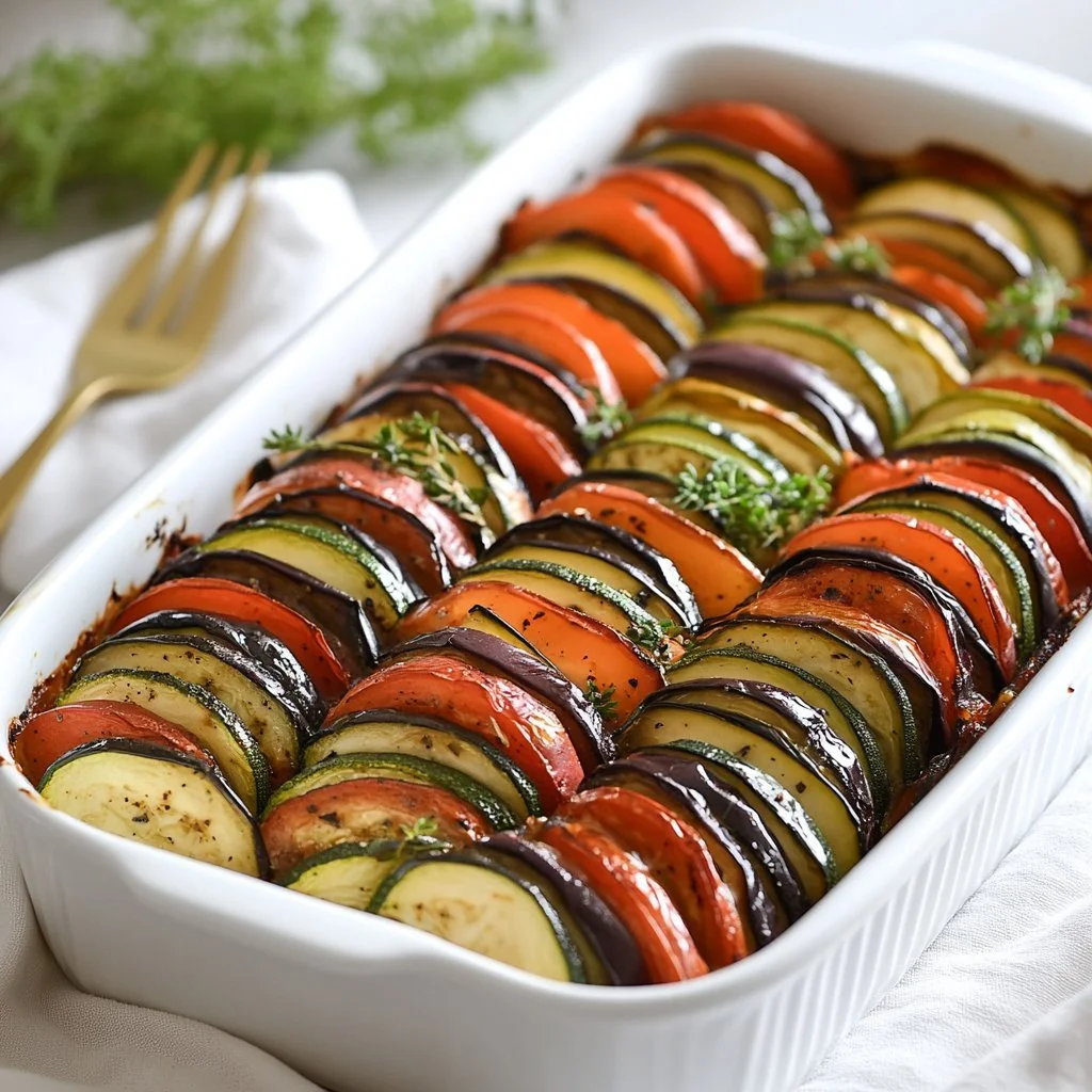 Ein farbenfrohes Ratatouille-Gericht mit frischem Gemüse auf einem Teller.