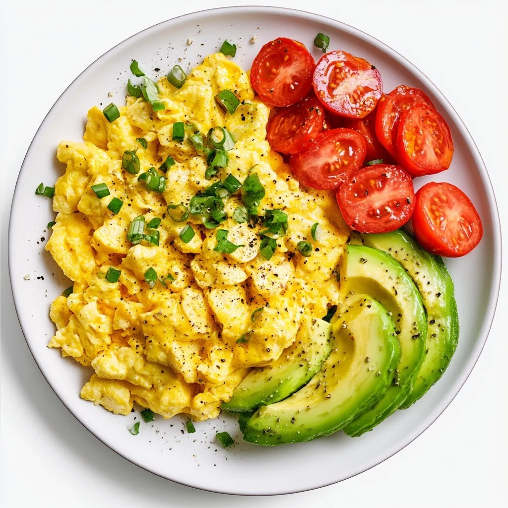 Rühreier mit Avocado und Tomate auf einem Teller serviert