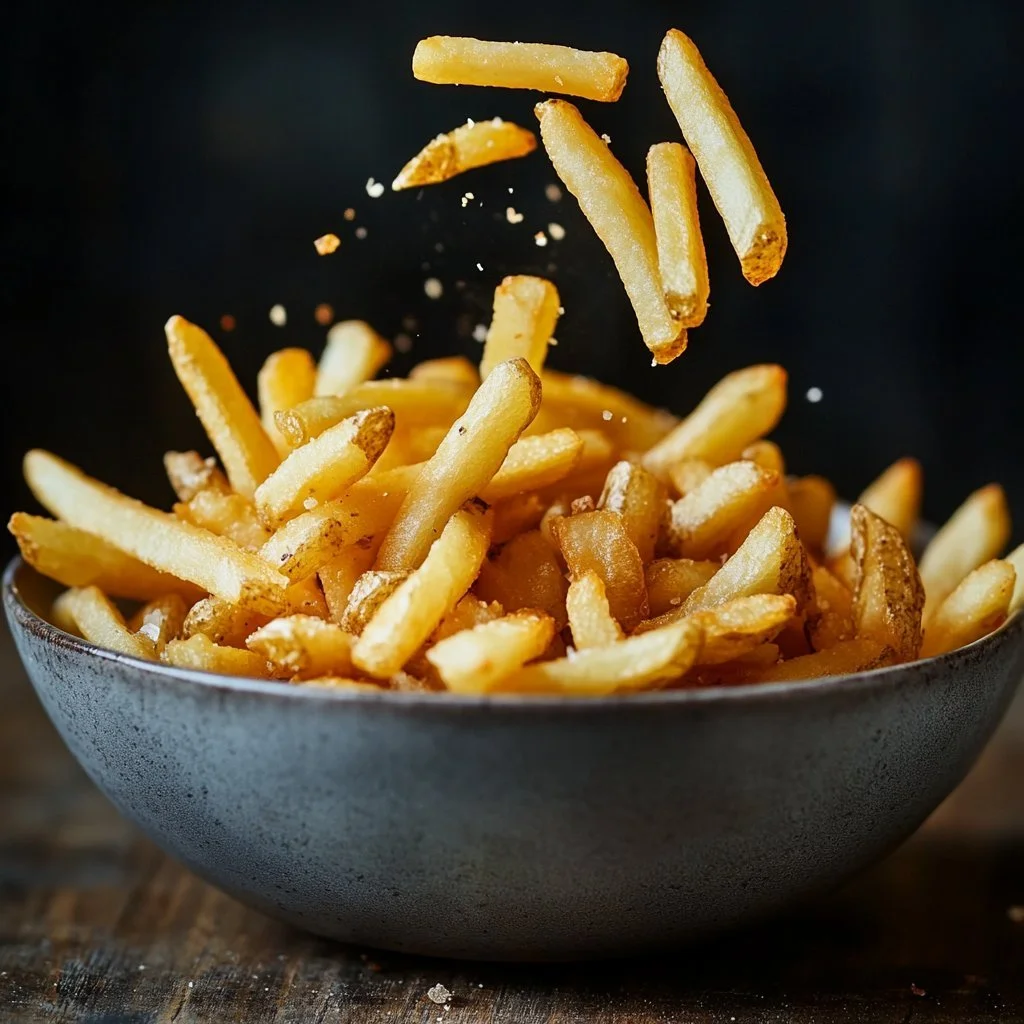 Salchipulpos mit Pommes Frites auf einem Teller serviert
