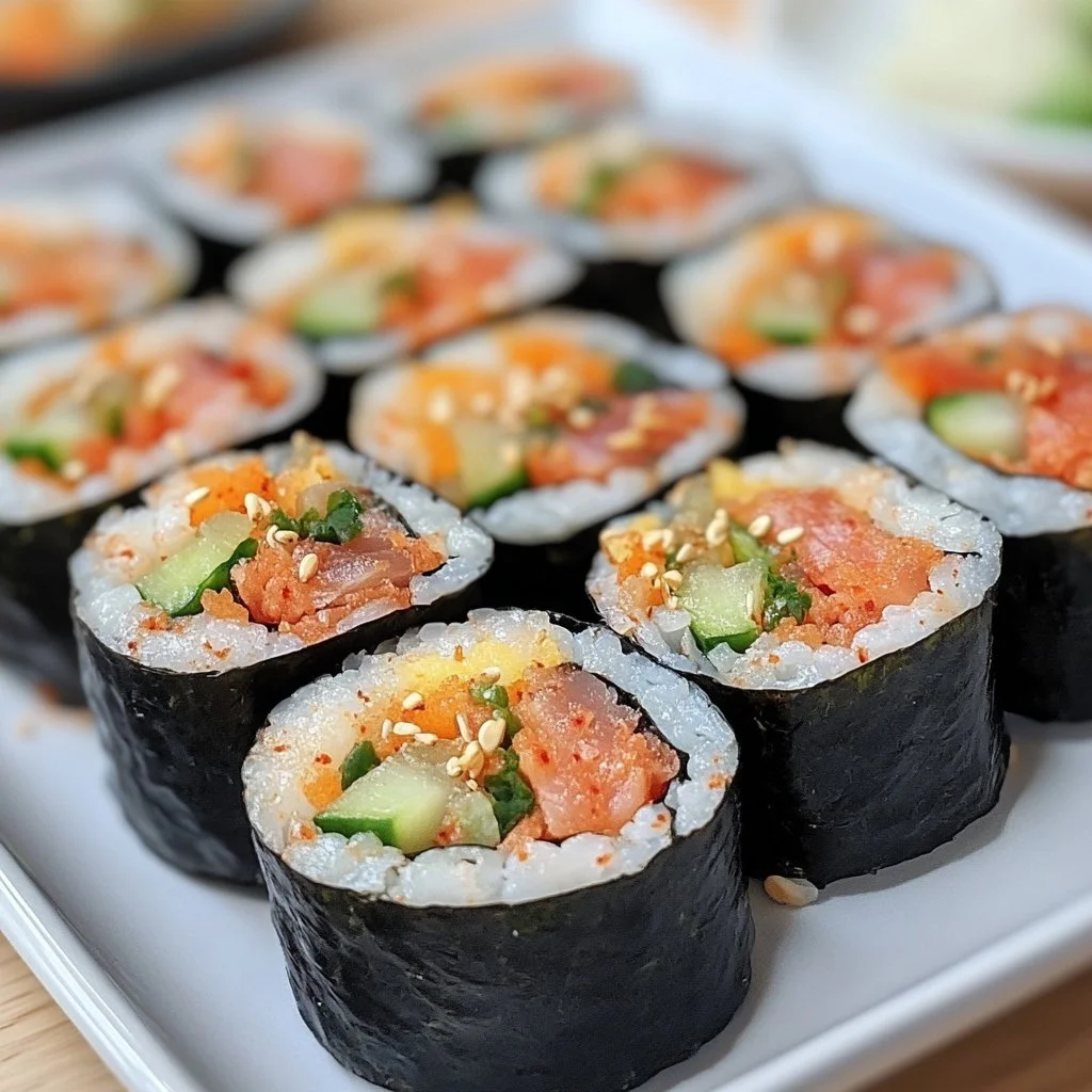 Scharfer Thunfisch-Kimbap mit frischen Zutaten auf einem Teller