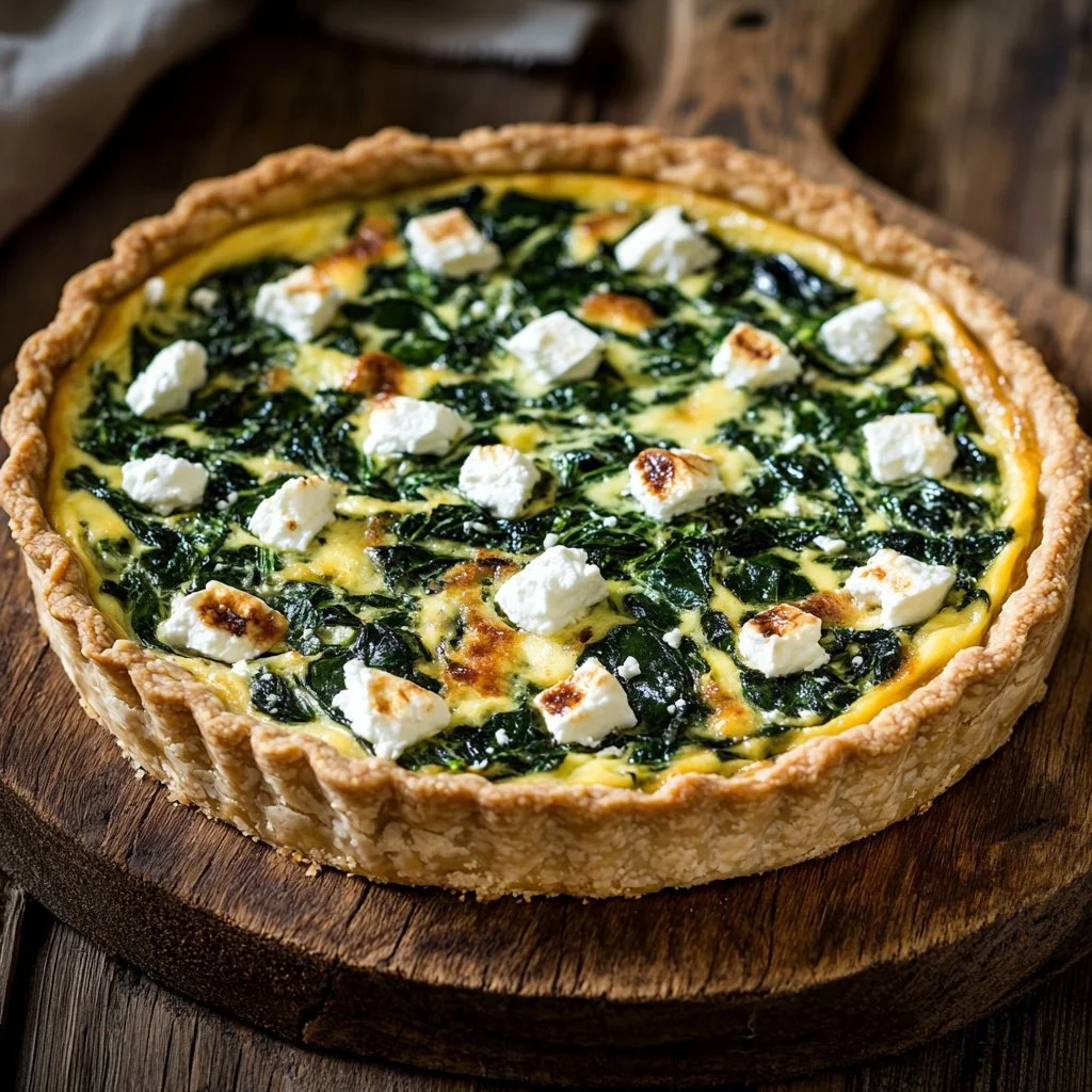 Schmackhafte Quiche mit Spinat und Feta aus frischen Zutaten zubereitet