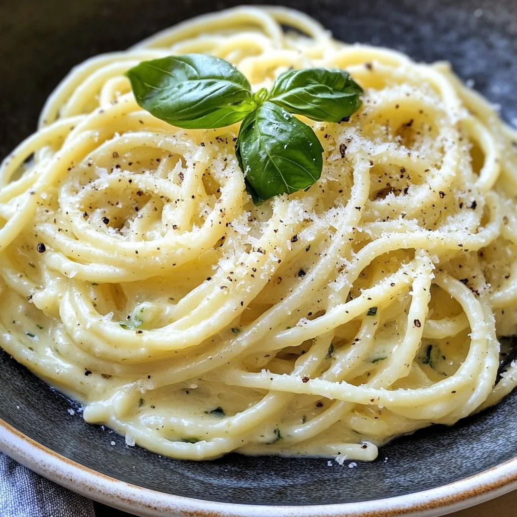 Spaghetti mit Zucchini-Crème in einer weißen Schüssel serviert