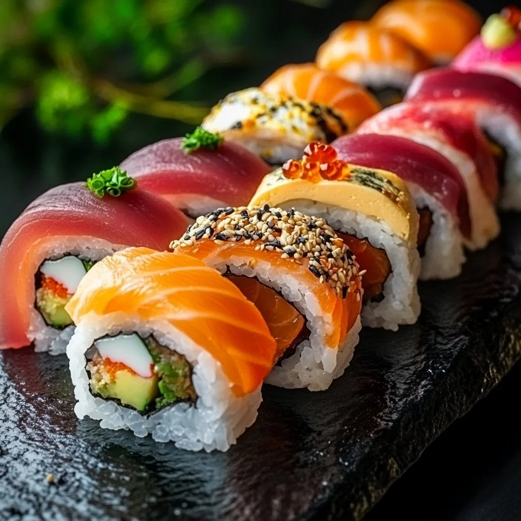Frisches Sushi auf einem Teller mit Wasabi und Ingwer