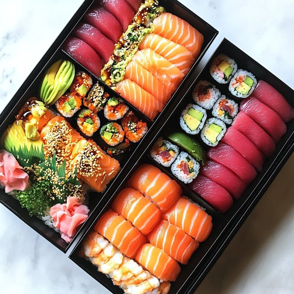 Ein Teller mit verschiedenen Sushi-Kreationen, einschließlich Maki und Nigiri.